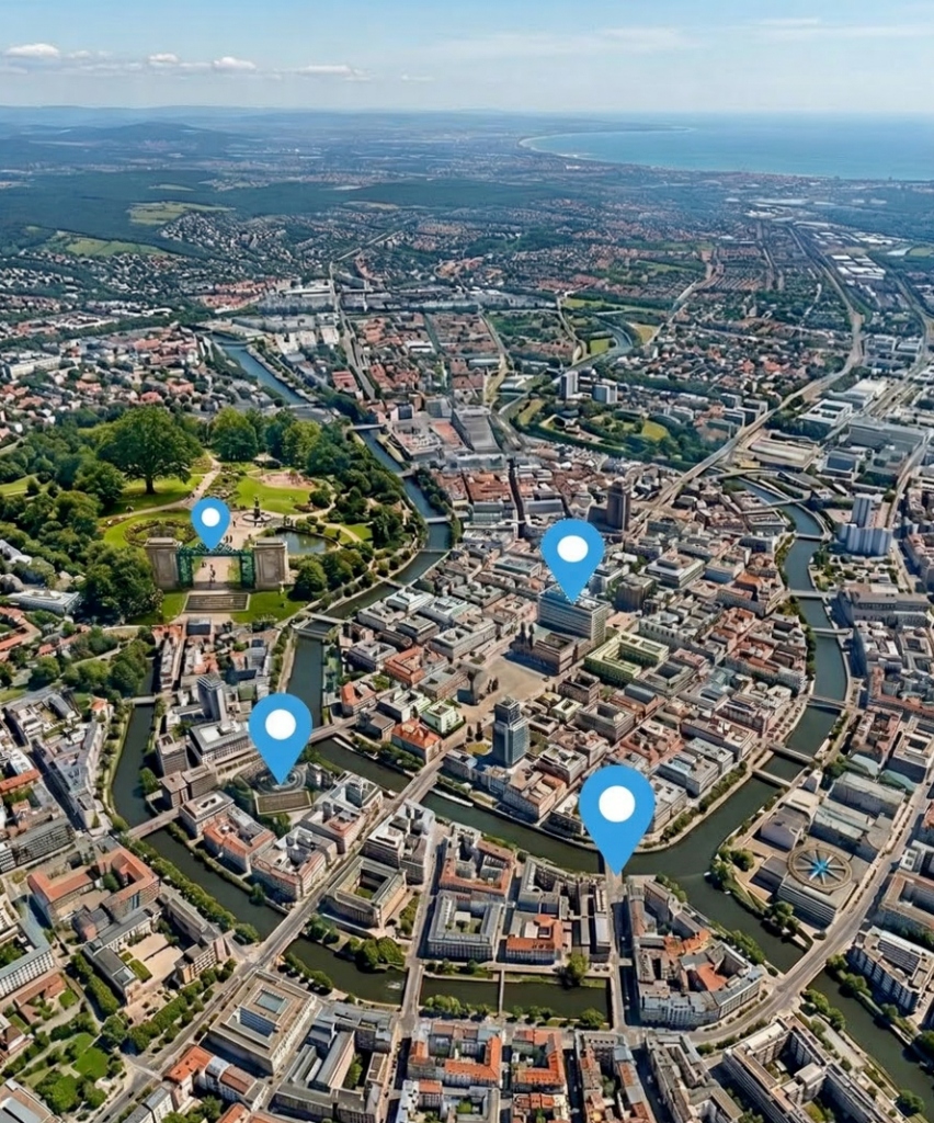 Digitala markörer i en stadsmiljö för tipspromenad